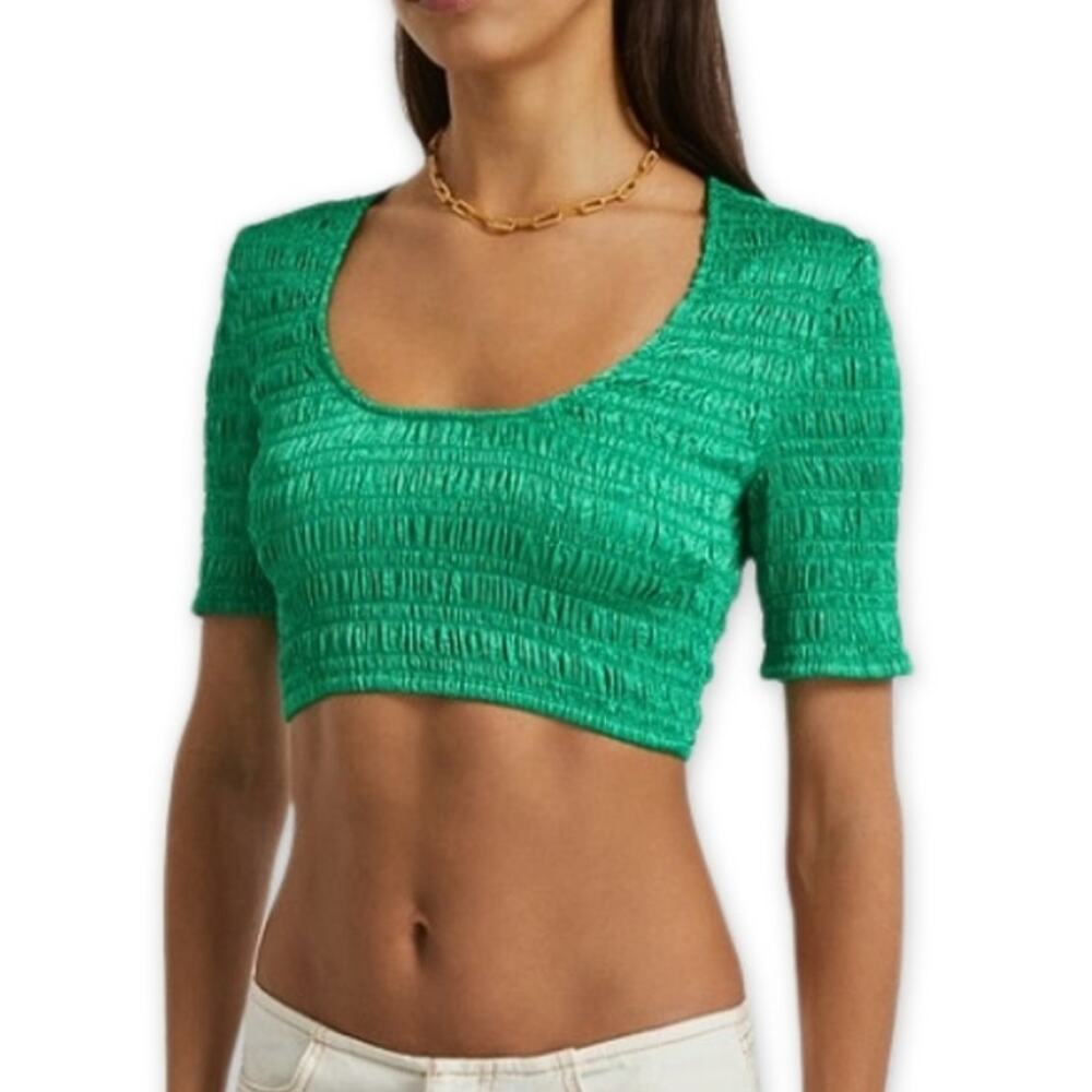 Ganni Crop Top Smocked Design Luxurious Satin Fabric Square Neckline Green W M/8